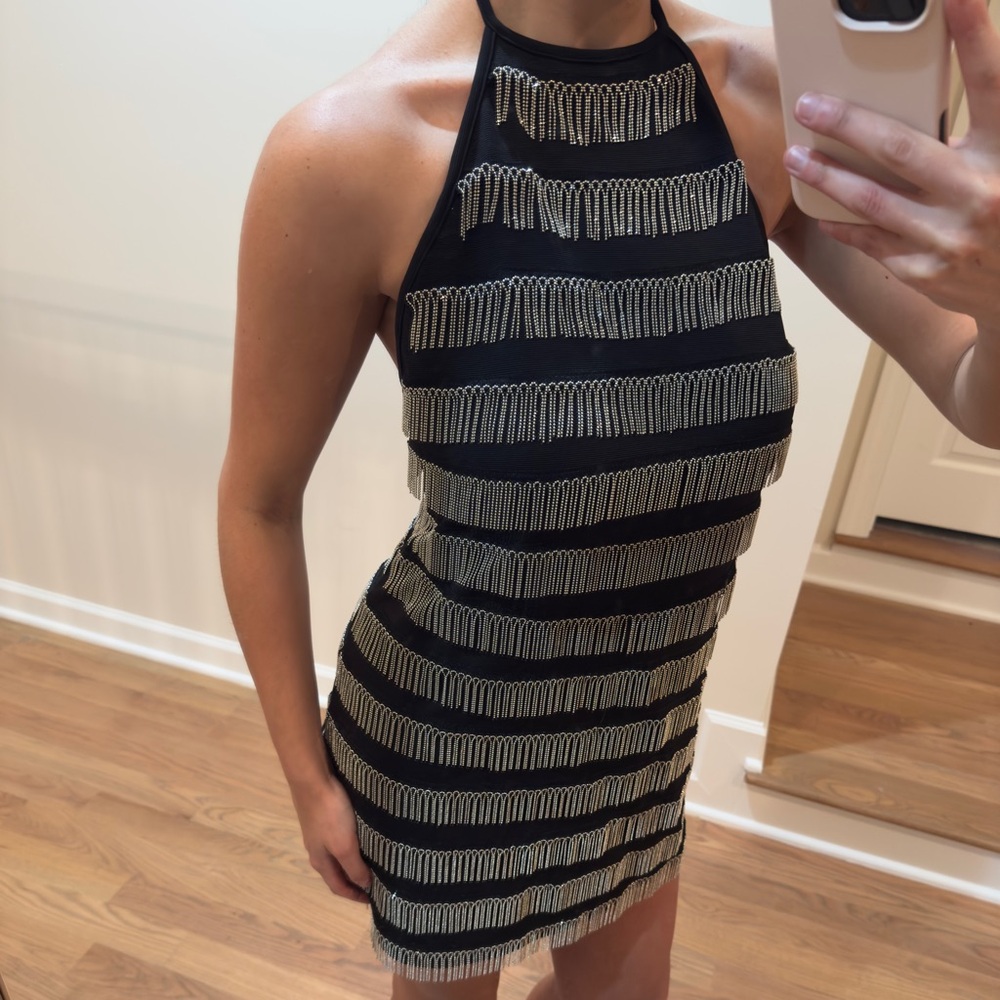 NBD Black Halter Mini Dress Silver Metal Fringe Size Medium M
